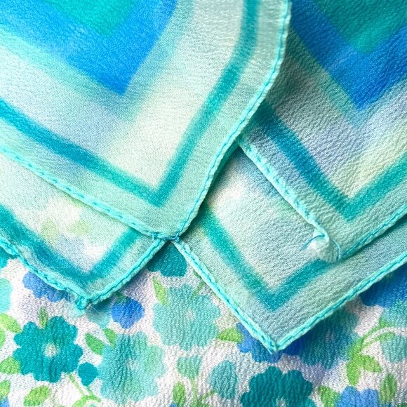 Vintage 60s Glentex Japan Sheer Nylon Floral Scarf Teal Aqua Blue Green Mod - Picture 8 of 10